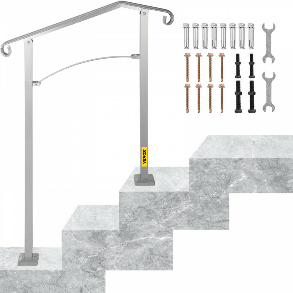 Outdoor Stair Railing, Fit 2 or 3 Steps Alloy Metal Handrailing, Front Porch Flexible Transitional Handrail, Arch Step Rail with Installation Kit, for Concrete or Wooden Stairs, Silver  |   Building Supplies Building & Construction Building Supplies