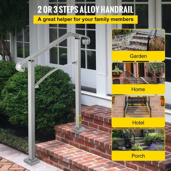 Outdoor Stair Railing, Fit 2 or 3 Steps Alloy Metal Handrailing, Front Porch Flexible Transitional Handrail, Arch Step Rail with Installation Kit, for Concrete or Wooden Stairs, Silver  |   Building Supplies Building & Construction Building Supplies