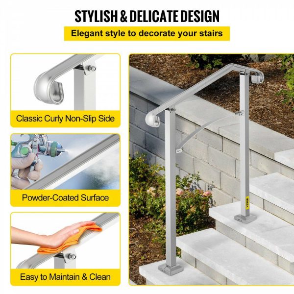 Outdoor Stair Railing, Fit 2 or 3 Steps Alloy Metal Handrailing, Front Porch Flexible Transitional Handrail, Arch Step Rail with Installation Kit, for Concrete or Wooden Stairs, Silver  |   Building Supplies Building & Construction Building Supplies