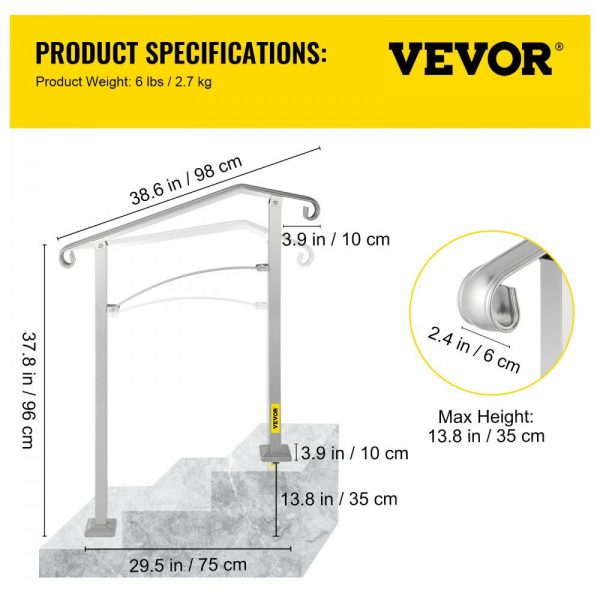 Outdoor Stair Railing, Fit 2 or 3 Steps Alloy Metal Handrailing, Front Porch Flexible Transitional Handrail, Arch Step Rail with Installation Kit, for Concrete or Wooden Stairs, Silver  |   Building Supplies Building & Construction Building Supplies