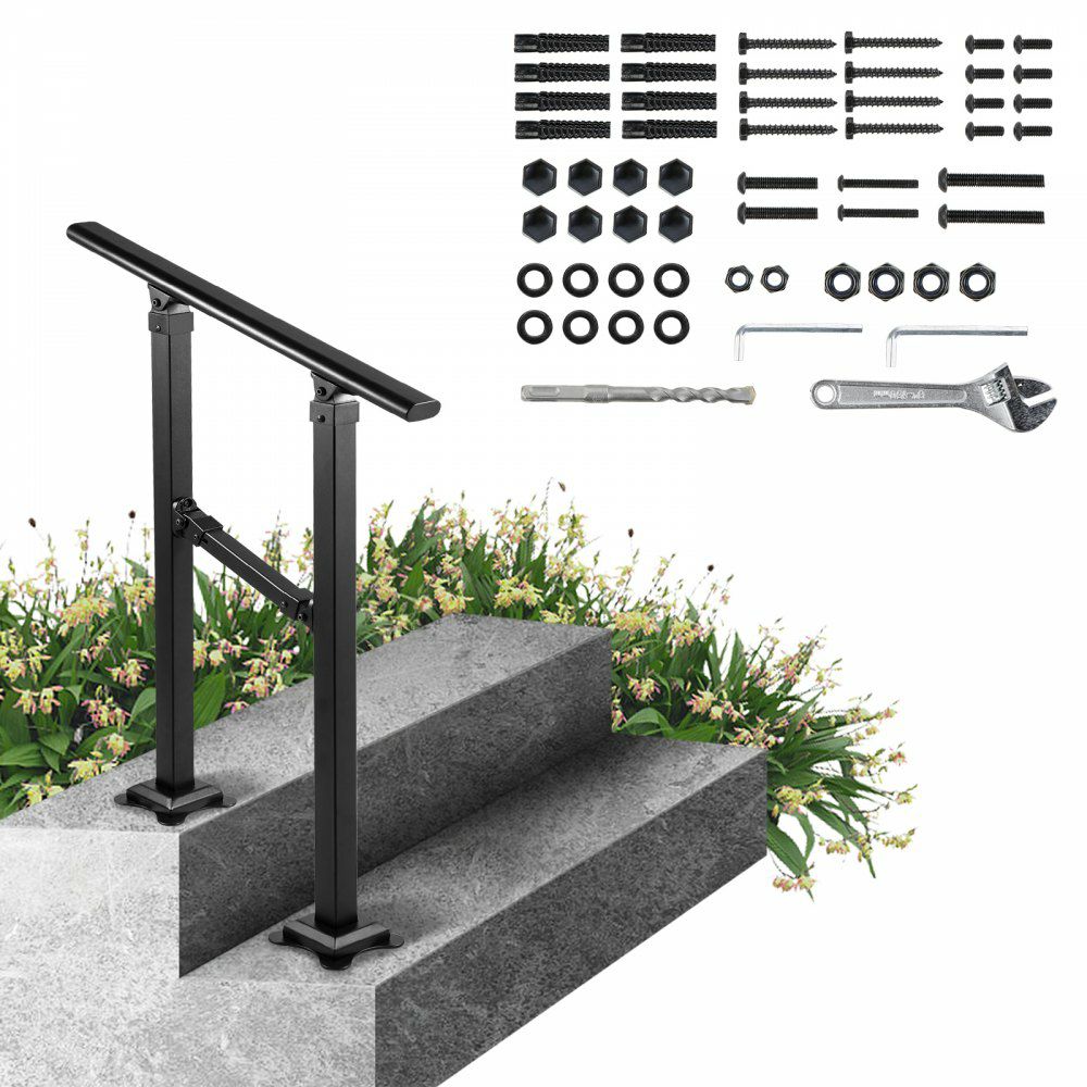 Outdoor Stair Railing, Fits for 1-2 Step Transitional Wrought Iron Handrail, Adjustable Exterior Stair Railing, Handrails for Concrete Steps with Installation Kit, Matte Black Outdoor Handrail  |   Building Supplies Building & Construction Building Supplies