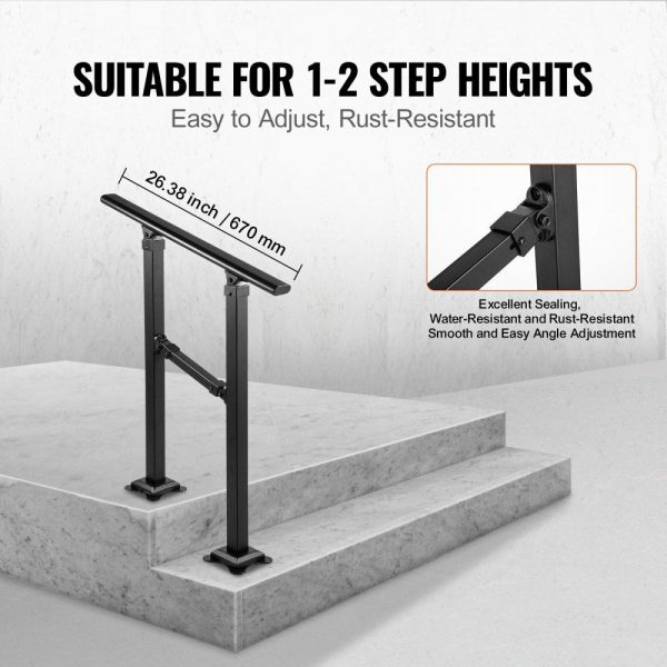 Outdoor Stair Railing, Fits for 1-2 Step Transitional Wrought Iron Handrail, Adjustable Exterior Stair Railing, Handrails for Concrete Steps with Installation Kit, Matte Black Outdoor Handrail  |   Building Supplies Building & Construction Building Supplies