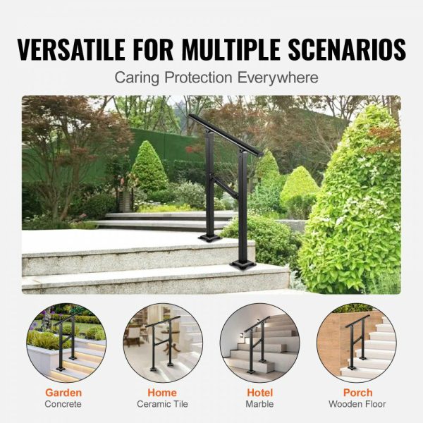 Outdoor Stair Railing, Fits for 1-2 Step Transitional Wrought Iron Handrail, Adjustable Exterior Stair Railing, Handrails for Concrete Steps with Installation Kit, Matte Black Outdoor Handrail  |   Building Supplies Building & Construction Building Supplies