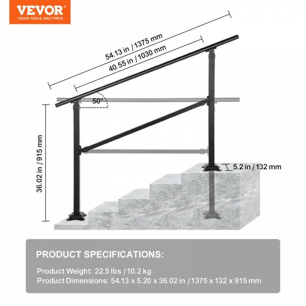 Outdoor Stair Railing, Fits for 1-4 Steps Transitional Wrought Iron Handrail, Adjustable Exterior Stair Railing, Handrails for Concrete Steps with Installation Kit, Matte Black Outdoor Handrail  |   Stair Handrail Building & Construction Building Supplies