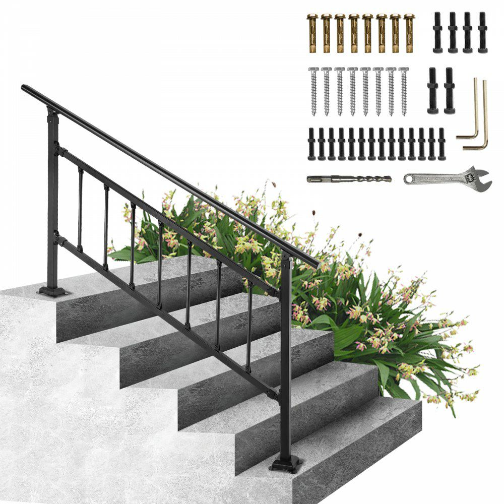 Outdoor Stair Railing, Fits for 1-5 Steps Transitional Wrought Iron Handrail, Adjustable Exterior Stair Railing with Fence, Handrails for Concrete Steps with Installation Kit, Matte Black  |   Building Supplies Building & Construction Building Supplies