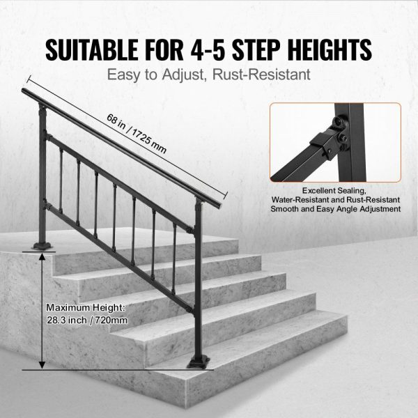 Outdoor Stair Railing, Fits for 1-5 Steps Transitional Wrought Iron Handrail, Adjustable Exterior Stair Railing with Fence, Handrails for Concrete Steps with Installation Kit, Matte Black  |   Building Supplies Building & Construction Building Supplies