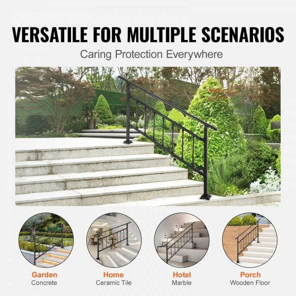 Outdoor Stair Railing, Fits for 1-5 Steps Transitional Wrought Iron Handrail, Adjustable Exterior Stair Railing with Fence, Handrails for Concrete Steps with Installation Kit, Matte Black  |   Building Supplies Building & Construction Building Supplies