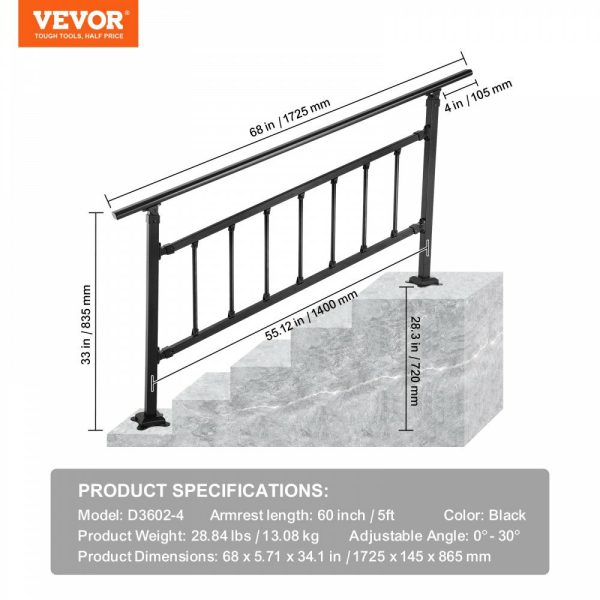 Outdoor Stair Railing, Fits for 1-5 Steps Transitional Wrought Iron Handrail, Adjustable Exterior Stair Railing with Fence, Handrails for Concrete Steps with Installation Kit, Matte Black  |   Building Supplies Building & Construction Building Supplies