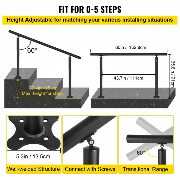 Outdoor Stair Railing Kit, 5 FT Handrails 0-5 Steps, Adjustable Angle Black Aluminum Stair Hand Rail for The Elderly, Handrails for Indoor & Outdoor Steps Black |   Building Supplies Building & Construction Black