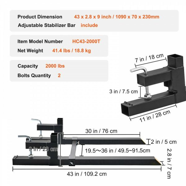 Pallet Forks, 2000 lbs Clamp on Pallet Forks, 43″ Total Length Tractor Bucket Forks with Adjustable Stabilizer bar, Heavy Duty Pallet Forks for Tractor Attachments, Skid Steer, Loader Bucket  |   Pallet Moving Equipment & Accessories Material Handling Pallet Moving Equipment & Accessories