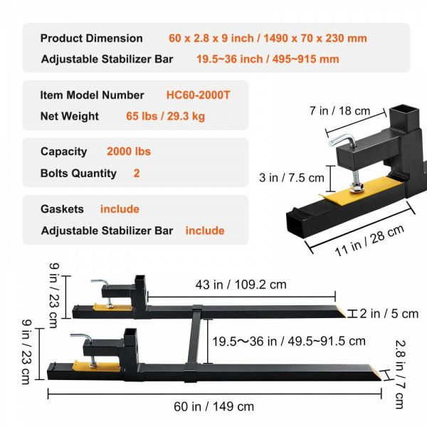 Pallet Forks, 2000 lbs Tractor Bucket Forks, 60″ Total Length Clamp on Pallet Forks with Adjustable Stabilizer bar, Heavy Duty Pallet Forks for Tractor Attachments, Skid Steer, Loader Bucket  |   Pallet Moving Equipment & Accessories Material Handling Pallet Moving Equipment & Accessories