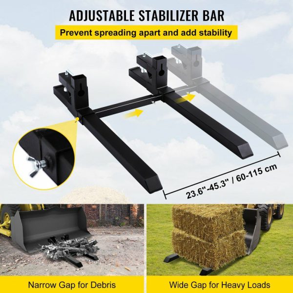 Pallet Forks 42.9″ 4000 Lbs Max, Clamp On Tractor Bucket Forks with Adjustable Stabilizer Bar, Heavy Duty Front Loader Forks 58.7″ Total Length, Fork Attachment for Skid Steer, Loader Bucket  |   Pallet Moving Equipment & Accessories Material Handling Pallet Moving Equipment & Accessories