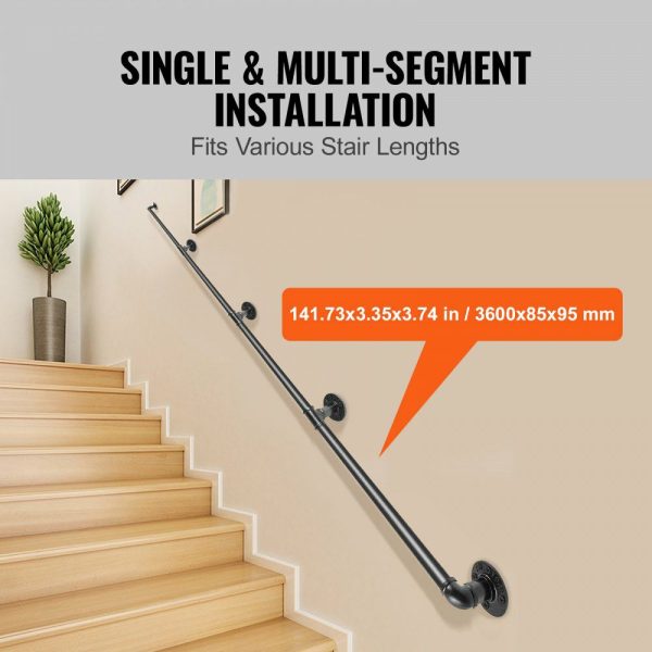 Pipe Stair Handrail, 12FT Staircase Handrail, 440LBS Load Capacity Carbon Steel Pipe Handrail, Industrial Pipe Handrail with Wall Mount Support, Round Corner Wall Handrailing for Indoor, Outdoor  |   Stair Handrail Building & Construction Building Supplies