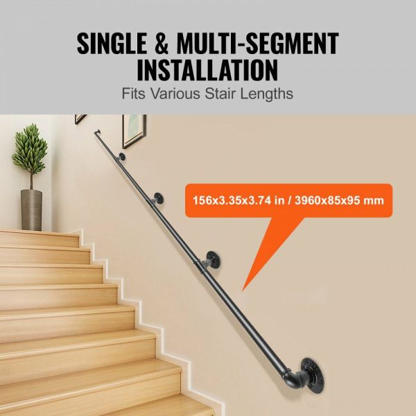 Pipe Stair Handrail, 13FT Staircase Handrail, 440LBS Load Capacity Carbon Steel Pipe Handrail, Industrial Pipe Handrail with Wall Mount Support, Round Corner Wall Handrailing for Indoor, Outdoor  |   Stair Handrail Building & Construction Building Supplies