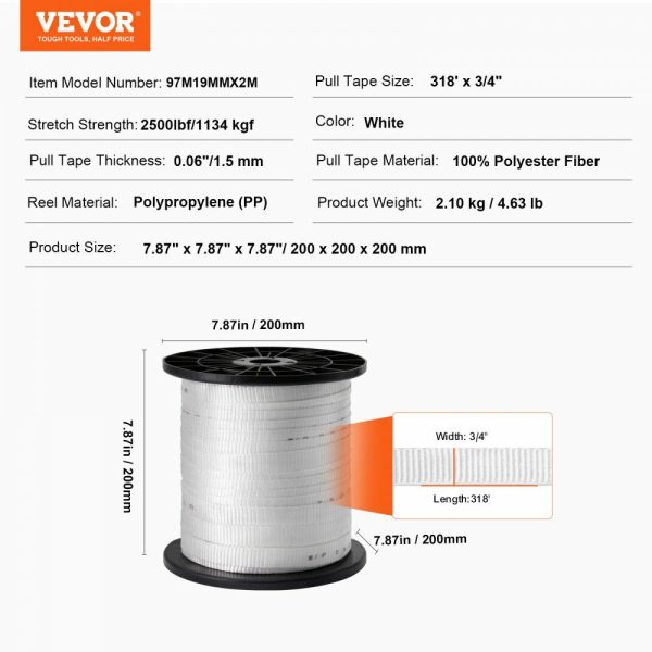 Polyester Pull Tape, 3/4″ x 318′ Mule Tape Flat Rope, 2500 lbf Tensile Capacity, Printed Webbing Cable Pulling Tape for Packaging, Gardening, Commercial Electrical, Conduit Work, White  |   Chain & Wire & Rope Chain & Wire & Rope Chain & Wire & Rope