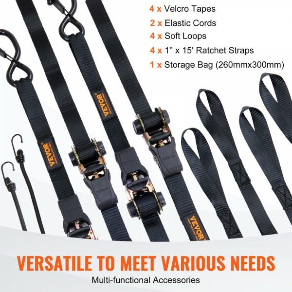 Ratchet Tie Down Straps (4PK), 2200 lb Max Break Strength, Includes 4 Premium 1″ x 15′ Rachet Tie Downs with Padded Handles, for Moving Securing Cargo, Appliances, Lawn Equipment, Motorcycle  |   Cargo Control Cargo Control Cargo Control