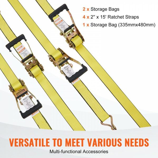 Ratchet Tie Down Straps (4PK), 5000 lb Break Strength, Double J Hook Includes 4 Premium 2″ x 15′ Rachet Tie Downs with Padded Handles, for Moving Securing Cargo, Appliances, Lawn Equipment  |   Cargo Control Cargo Control Cargo Control