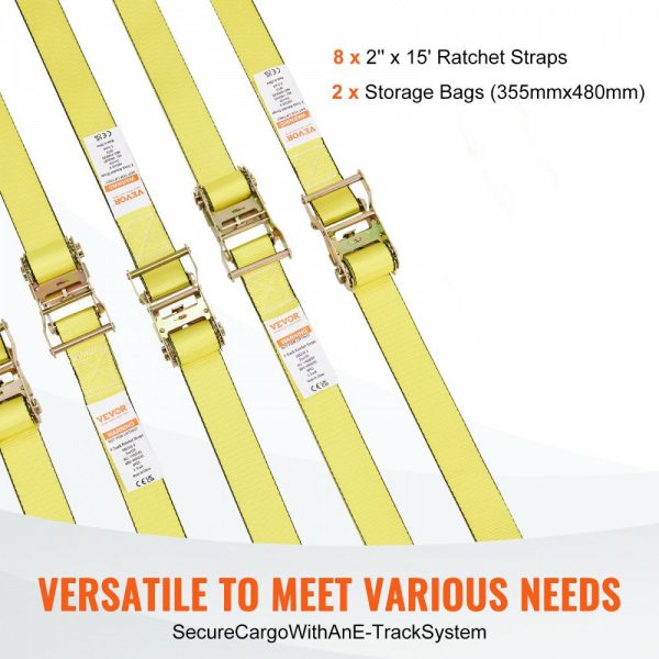 Ratchet Tie Down Straps (8PK), 4400 lb Break Strength, E-Track Endless Ratchet with 8 Premium 2″ x 15′ Rachet Tie Downs Heavy Duty, for Moving Securing Cargo, Appliances, Lawn Equipment  |   Cargo Control Cargo Control Cargo Control