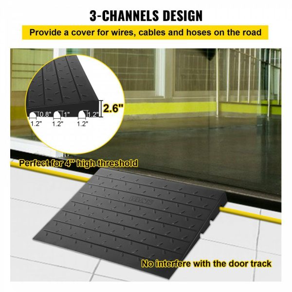 Rubber Threshold Ramp, 2.6″ Rise Threshold Ramp Doorway, 3 Channels Cord Cover Rubber Solid Threshold Ramp, Transitions Rubber Angled Entry Rated 2200Lbs Load Capacity for Wheelchair and Scooter  |   Ramps & Ladders Material Handling Ramps & Ladders