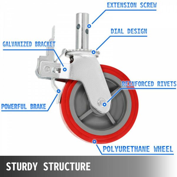 Scaffolding Wheels Set of 4, 8″ – Scaffolding Casters Heavy Duty, 3200 Lbs Per Set – Locking Stem Casters with Brake, Red Polyurethane – Replacement for Scaffold, Shelves, Workbench  |   Casters & Wheels Casters & Wheels Casters & Wheels