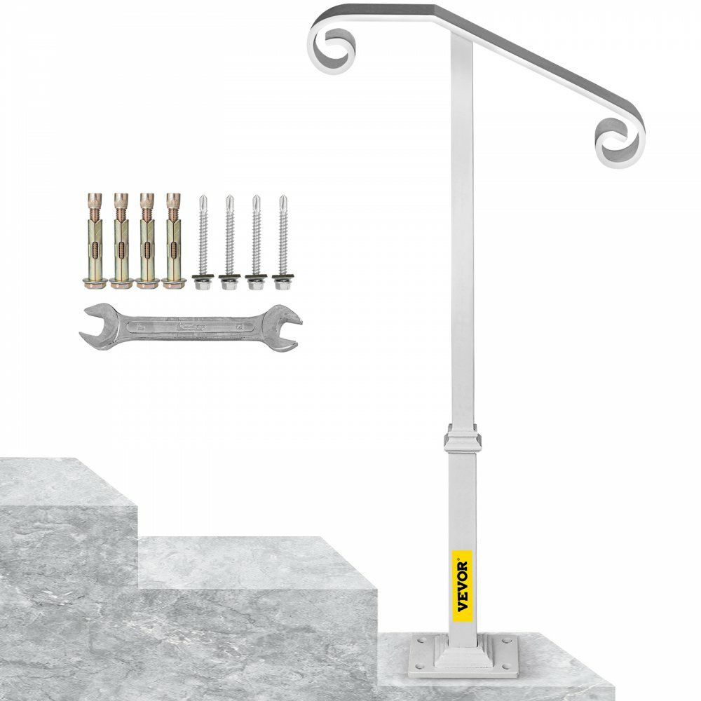 Single Post Handrail White Wrought Iron Post Mount Step Grab Supports Fits 1 or 2 Steps Grab Rail Single Post Railing  |   Stair Handrail Building & Construction Building Supplies