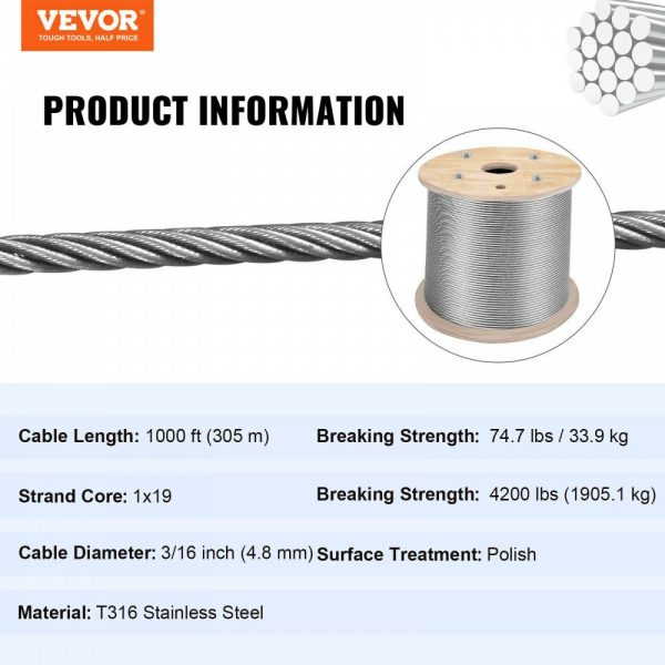 Stainless Steel Cable 3/16″x 1000ft, T316 Marine Grade Deck Cable Railing, 1×19 Strands Construction Braided Aircraft Cable for Deck Rail String Lights Hanging Porch Fence DIY Baluster  |   Chain & Wire & Rope Chain & Wire & Rope Chain & Wire & Rope