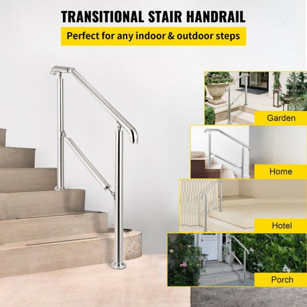 Stainless Steel Transitional Handrail fit for Level Surface and 2 to 3 Adjustable Stair Indoor Outdoor Step Railings 441lb Capacity W/Installation Kit Porch DIY, Silver  |   Stair Handrail Building & Construction Building Supplies