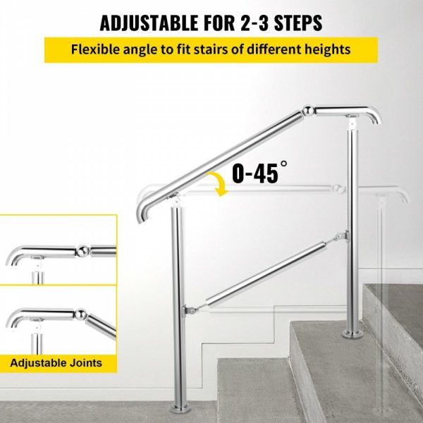 Stainless Steel Transitional Handrail fit for Level Surface and 2 to 3 Adjustable Stair Indoor Outdoor Step Railings 441lb Capacity W/Installation Kit Porch DIY, Silver  |   Stair Handrail Building & Construction Building Supplies