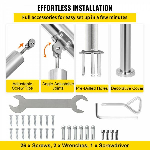 Stainless Steel Transitional Handrail fit for Level Surface and 2 to 3 Adjustable Stair Indoor Outdoor Step Railings 441lb Capacity W/Installation Kit Porch DIY, Silver  |   Stair Handrail Building & Construction Building Supplies