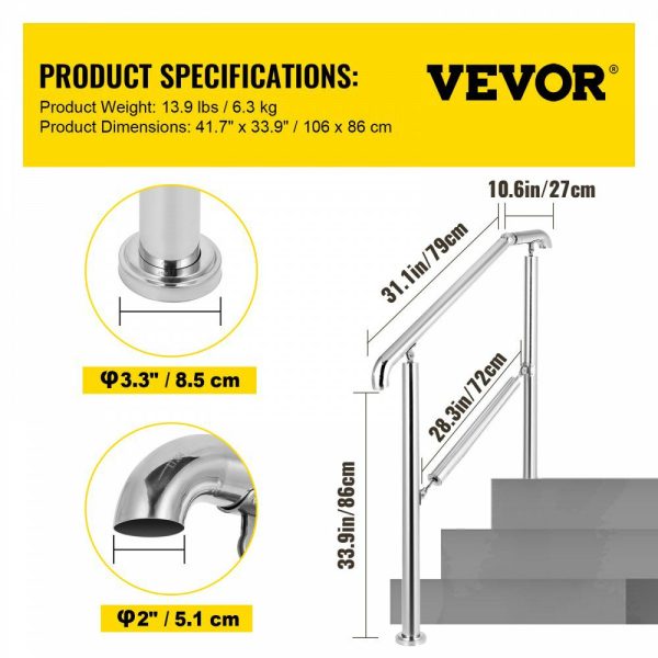 Stainless Steel Transitional Handrail fit for Level Surface and 2 to 3 Adjustable Stair Indoor Outdoor Step Railings 441lb Capacity W/Installation Kit Porch DIY, Silver  |   Stair Handrail Building & Construction Building Supplies