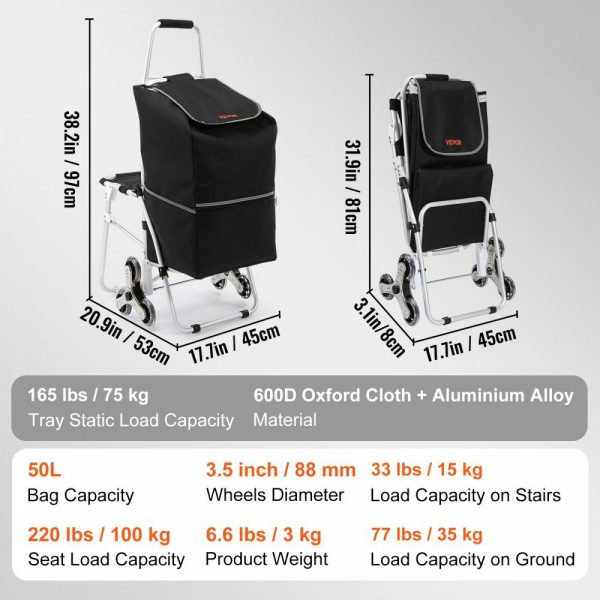 Stair Climbing Cart 50L Foldable Shopping Cart w/ Waterproof Bag & Seat  |   Carts & Trucks Carts & Trucks Carts & Trucks