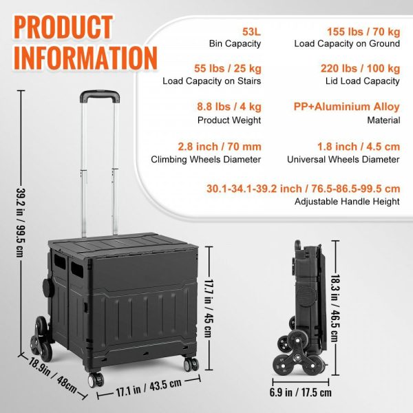 Stair Climbing Cart 53L Foldable Shopping Cart w/ Lid & Adjustable Handle  |   Carts & Trucks Carts & Trucks Carts & Trucks