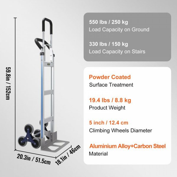 Stair Climbing Cart, 550 lbs Load Capacity, Aluminum Hand Truck Dolly with Dual Handles, Integrated Frame & Nonslip Rubber Wheels, Multipurpose Stair Climber for Warehouse Shopping Airport  |   Carts & Trucks Carts & Trucks Carts & Trucks