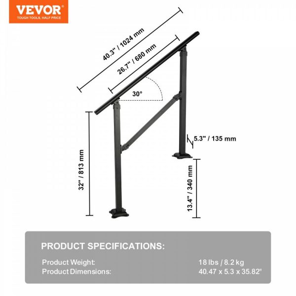 Stair Handrail Railing, 3 ft, 3 Steps Handrails for Outdoor, Carbon Steel and Metal Hand Rail with Installation Kit, 0-50 Degree Adjustable, Perfect for Concrete Wooden Floors Ceramic Tiles  |   Stair Handrail Building & Construction Building Supplies