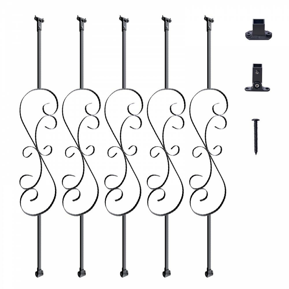 Staircase Metal Balusters, 44” x 1/2″ Galvanized Steel Decorative Banister Spindles, 5 Pack S Shape Deck Baluster, Hollow Satin Black Spiral Stair Railing with Shoes & Screws  |   Building Supplies Building & Construction Building Supplies