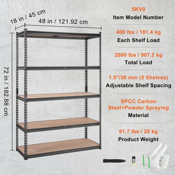 Storage Shelving Unit, 5-Tier Adjustable, 2000 lbs Capacity, Heavy Duty Garage Shelves Metal Organizer Utility Rack, Black, 18″ D x 48″ W x 72″ H for Kitchen Pantry Basement Bathroom Laundry  |   Shelving & Storage Material Handling Shelving & Storage