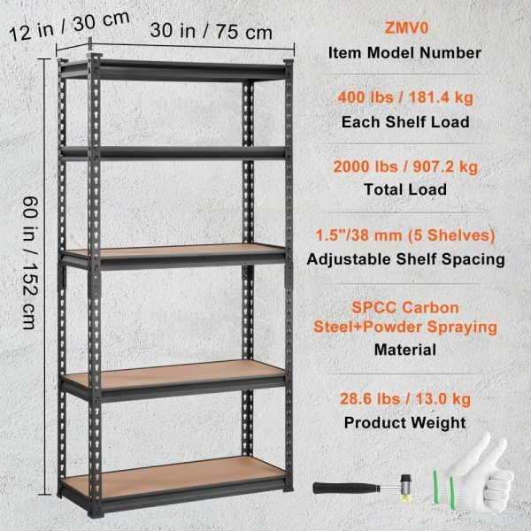 Storage Shelving Unit, 5-Tier Adjustable, 2000 lbs Capacity, Heavy Duty Garage Shelves Metal Organizer Utility Rack, Black, 30″ L x 12″ W x 60″ H for Kitchen Pantry Basement Bathroom Laundry  |   Shelving & Storage Material Handling Shelving & Storage