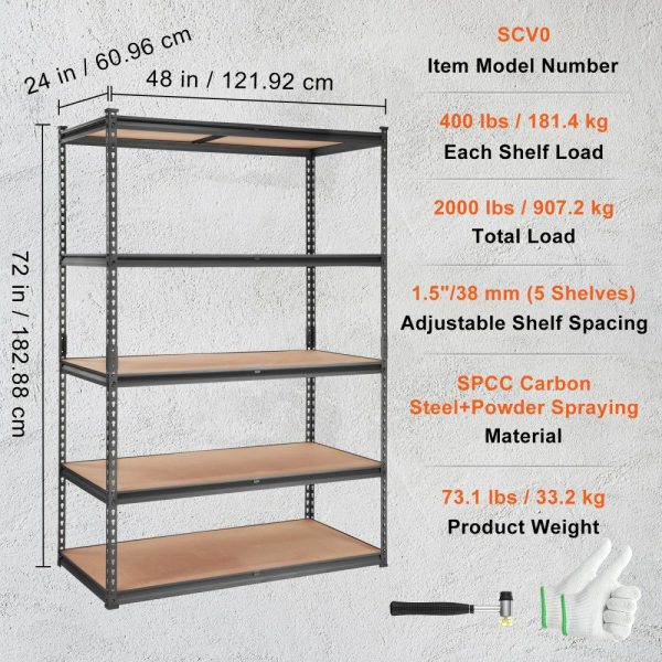 Storage Shelving Unit, 5-Tier Adjustable, 2000 lbs Capacity, Heavy Duty Garage Shelves Metal Organizer Utility Rack, Black, 48″ L x 24″ W x 72″ H for Kitchen Pantry Basement Bathroom Laundry  |   Shelving & Storage Material Handling Shelving & Storage