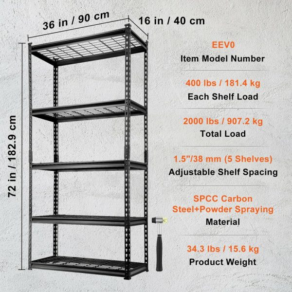 Storage Shelving Unit, 5-Tier Adjustable, 2000 lbs Capacity, Heavy Duty Garage Shelves Metal Organizer Wire Rack, Black, 36″ L x 16″ W x 72″ H for Kitchen Pantry Basement Bathroom Laundry Closet  |   Shelving & Storage Material Handling Shelving & Storage