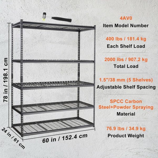 Storage Shelving Unit, 5-Tier Adjustable, 2000 lbs Capacity, Heavy Duty Garage Shelves Metal Organizer Wire Rack, Black, 60″ L x 24″ W x 78″ H for Kitchen Pantry Basement Bathroom Laundry Closet  |   Shelving & Storage Material Handling Shelving & Storage