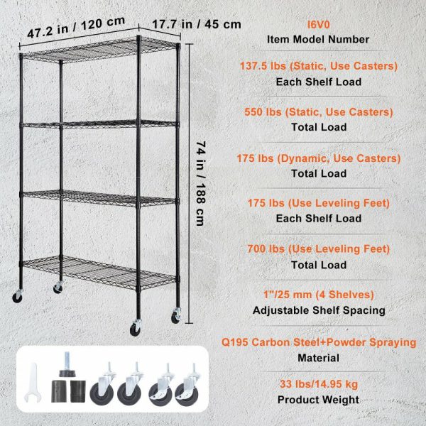 Storage Shelving Unit with Wheels, 4-Tier Adjustable, 700 lbs Capacity, Heavy Duty Garage Shelves Metal Organizer Wire Rack, Black, 47.2″ L x 17.7″ W x 74″ H for Kitchen Pantry Basement Bathroom  |   Shelving & Storage Material Handling Shelving & Storage