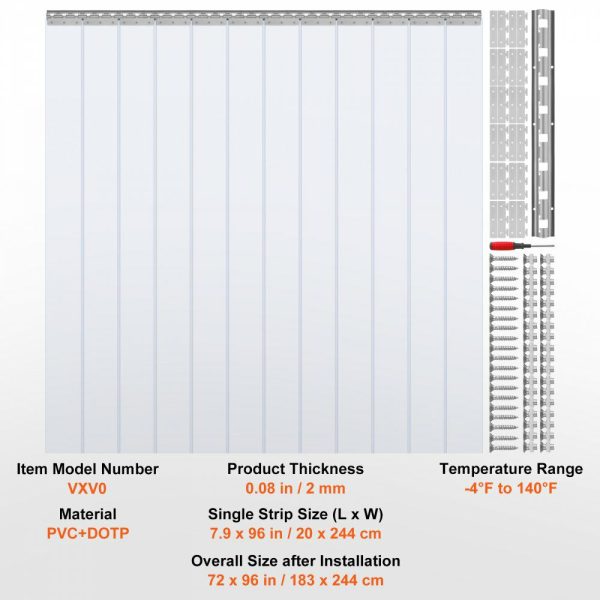 Strip Curtain, 96″ Height x 72″ Width, 0.08″ Thickness, 12PCS Clear PVC Strip Door Curtain, Freezer Curtain, Plastic Door Strips for Walk in Freezers, Coolers & Warehouse Doors, with 50% Overlap  |   Doors & Accessories Doors & Accessories Doors & Accessories