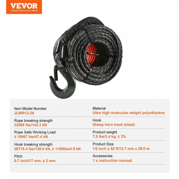 Synthetic Winch Rope, 1/2 Inch x 92 Feet 32,000 lbs Synthetic Winch Line Cable Rope with Protective Sleeve + Forged Winch Hook + Pull Strap, Universal Fit for SUV, Large Off-Road Vehicle, Truck  |   Hoists & Winches & Rigging Hoists & Winches & Rigging Hoists & Winches & Rigging