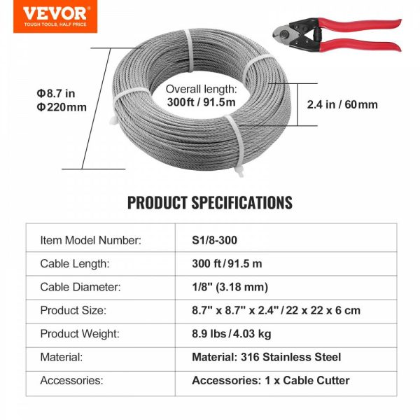 T316 Deck Railing Cable, 1/8″ Stainless Steel Wire Rope 300 ft with Cutter Kit, 7×7 Strands Construction Marine Aircraft Grade for Handrail Stair Decking Fence Outdoors  |   Chain & Wire & Rope Chain & Wire & Rope Chain & Wire & Rope