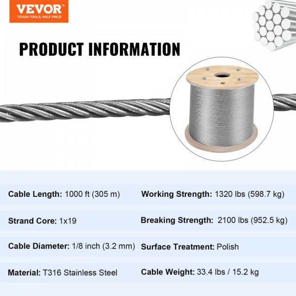 T316 Stainless Steel Cable, 1/8” x 1000 ft, Braided Aircraft Wire Rope with 1×19 Strands Construction, 2100 lbs Breaking Strength, for Deck Railing Stair Handrail Balusters Porch Fence  |   Chain & Wire & Rope Chain & Wire & Rope Chain & Wire & Rope