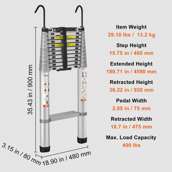 Telescoping Ladder, 15 FT Aluminum One-button Retraction Collapsible Extension Ladder, 400 LBS Capacity with Non-slip Feet, Portable Multi-purpose Compact Ladder for Home, RV, Loft, ANSI Liste  |   Building Supplies Building & Construction Building Supplies