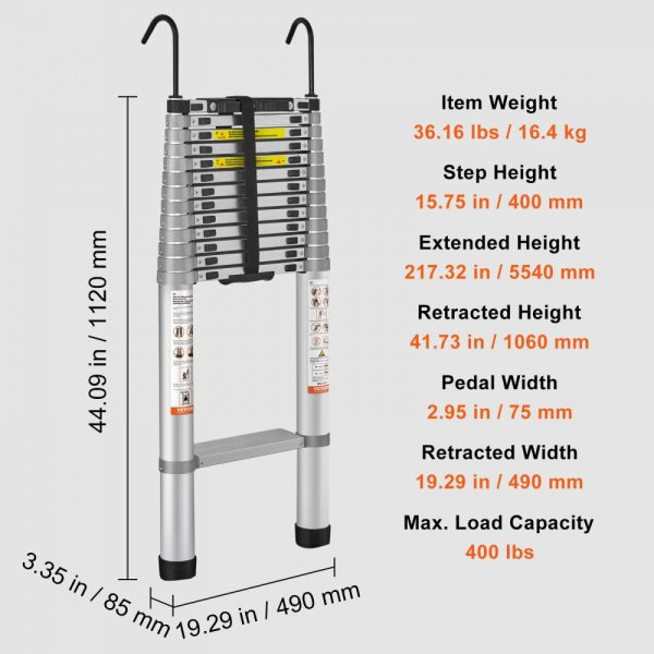 Telescoping Ladder, 18.5 FT Aluminum One-button Retraction Collapsible Extension Ladder, 400 LBS Capacity with Non-slip Feet, Portable Multi-purpose Compact Ladder for Home, RV, Loft, ANSI Liste  |   Building Supplies Building & Construction Building Supplies