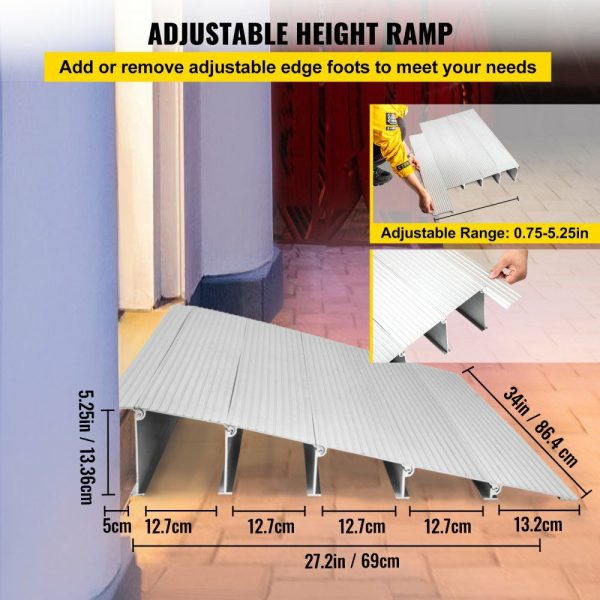 Transitions Modular Entry Ramp, 5″ Rise Door Threshold Ramp, Aluminum Threshold Ramp for Doorways Rated 800lbs Load Capacity, Adjustable Threshold Ramp for Wheelchair, Scooter, and Power Chair  |   Ramps & Ladders Material Handling Ramps & Ladders