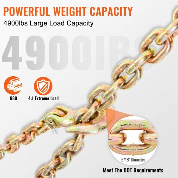 Transport Binder Chain, 4900 lbs Working Load Limit, 5/16” x 20′ G80 Tow Chain Tie Down with Grab Hooks, DOT Certified, Galvanized Coating Manganese Steel for Dock Factory Construction Site  |   Chain & Wire & Rope Chain & Wire & Rope Chain & Wire & Rope