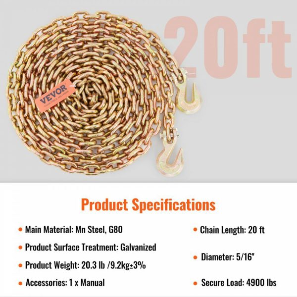 Transport Binder Chain, 4900 lbs Working Load Limit, 5/16” x 20′ G80 Tow Chain Tie Down with Grab Hooks, DOT Certified, Galvanized Coating Manganese Steel for Dock Factory Construction Site  |   Chain & Wire & Rope Chain & Wire & Rope Chain & Wire & Rope